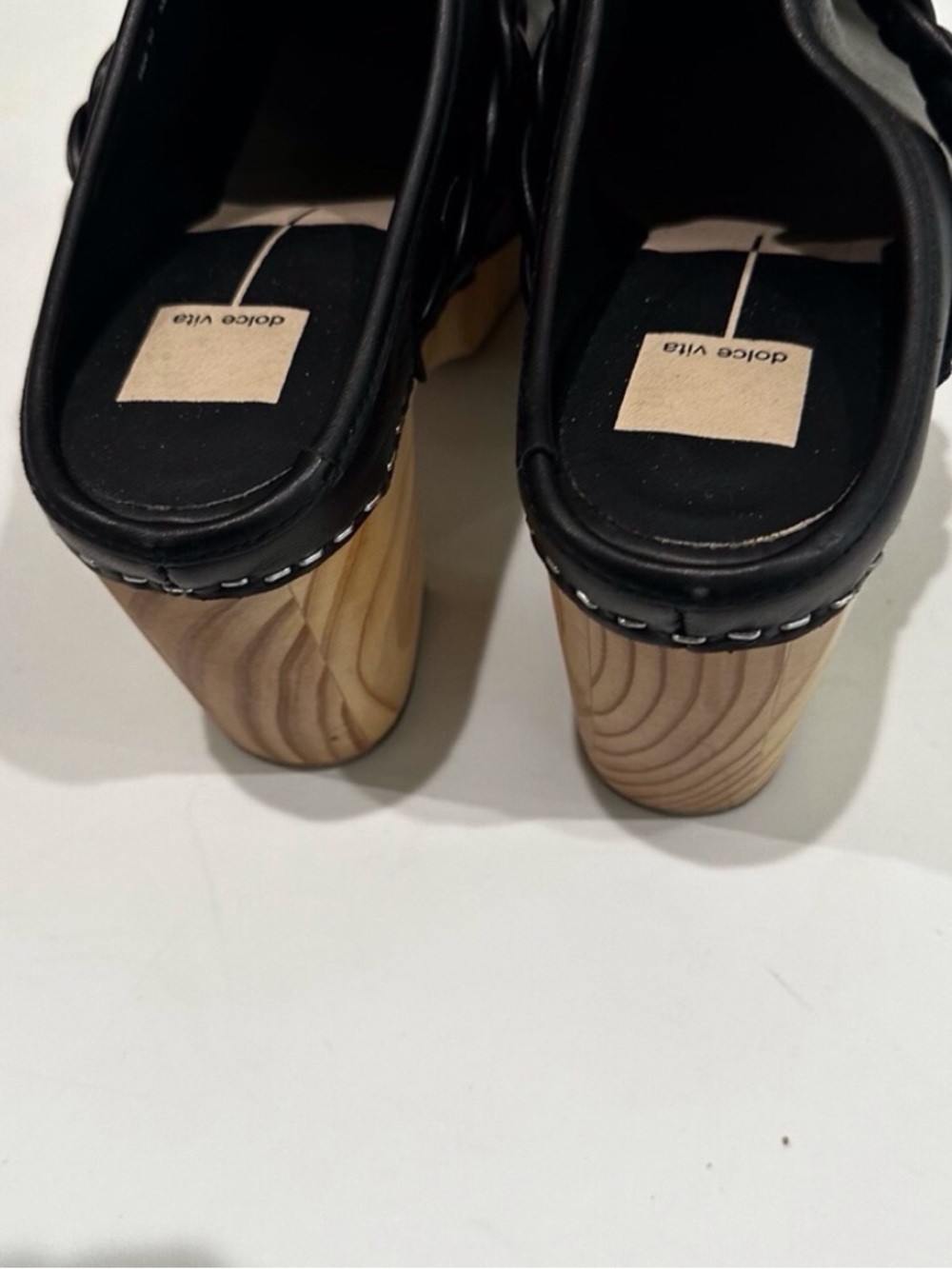Dolce Vita Black Leather Braided Clog Mules with Wooden Platform Shoes NWOT - Picture 12 of 15